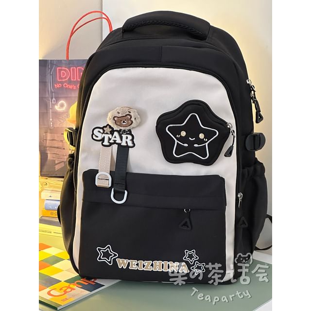 Lettering Star Embroidered Multi-Pocket Backpack / Bag Charm / Set