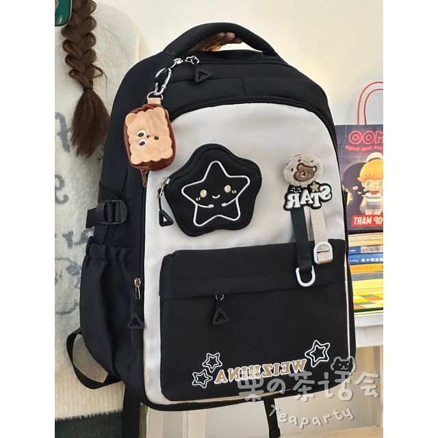 Lettering Star Embroidered Multi-Pocket Backpack / Bag Charm / Set