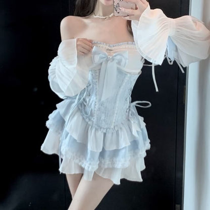 Puff-Sleeve Off-Shoulder Two Tone Lace Trim Mini A-Line Dress / Patterned Lace-Up Corset Belt