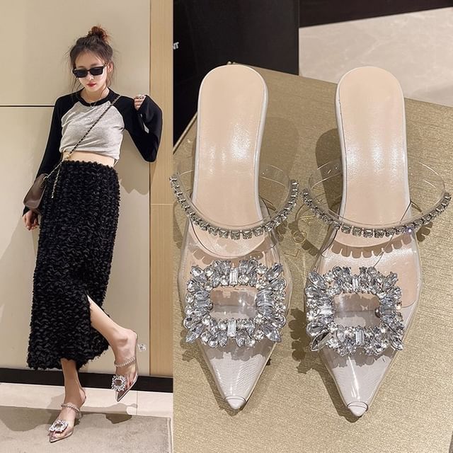 High Heel Rhinestone Buckled Sandals