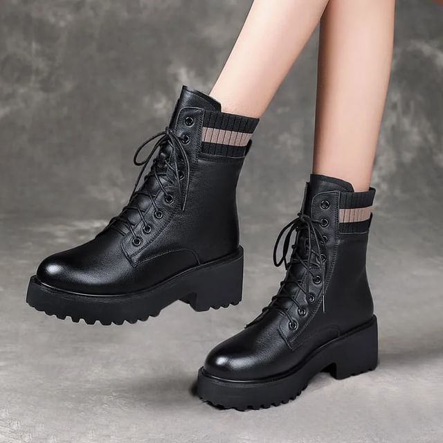 Chunky Heel Platform Lace-Up Short Boots