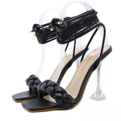Square-Toe High Heel Braided Sandals
