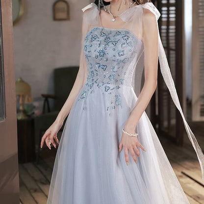 Sequin Shoulder Tie Evening Mesh Gown Patterned A-Line