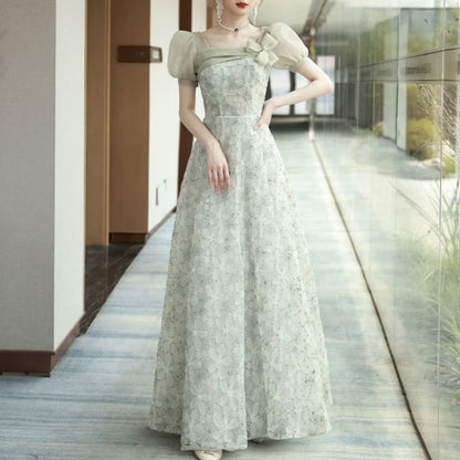 A-Line Sleeve Gown Puff Square Neck Mesh Evening Floral Panel Patterned