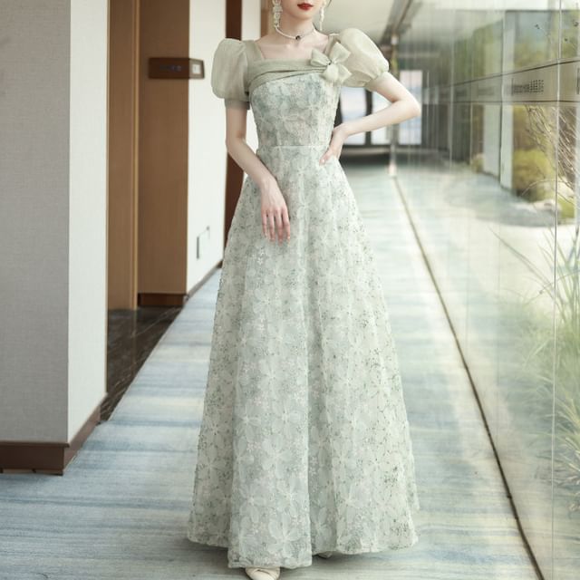 Puff Sleeve Square Neck Floral Patterned Panel Mesh A-Line Evening Gown