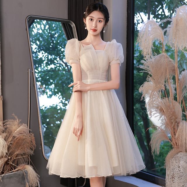 Puff Sleeve Square Neck Plain Glitter Ruched Mesh A-Line Cocktail Dress