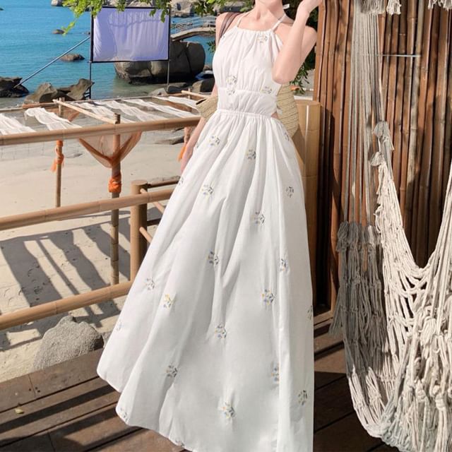 Neck Embroidered Dress A-Line Midi Halter