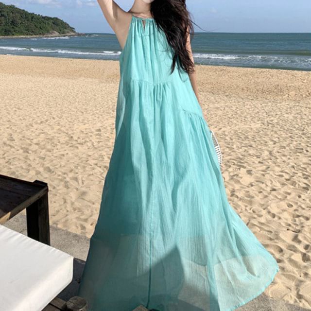 A0-Line Sleeveless Maxi Plain Dress