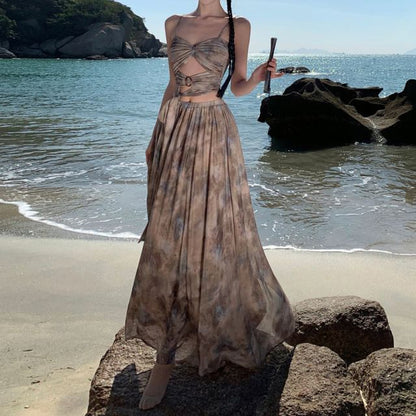 Maxi Skirt Tie Waist Crop Set: Dye + Camisole Top High A-Line