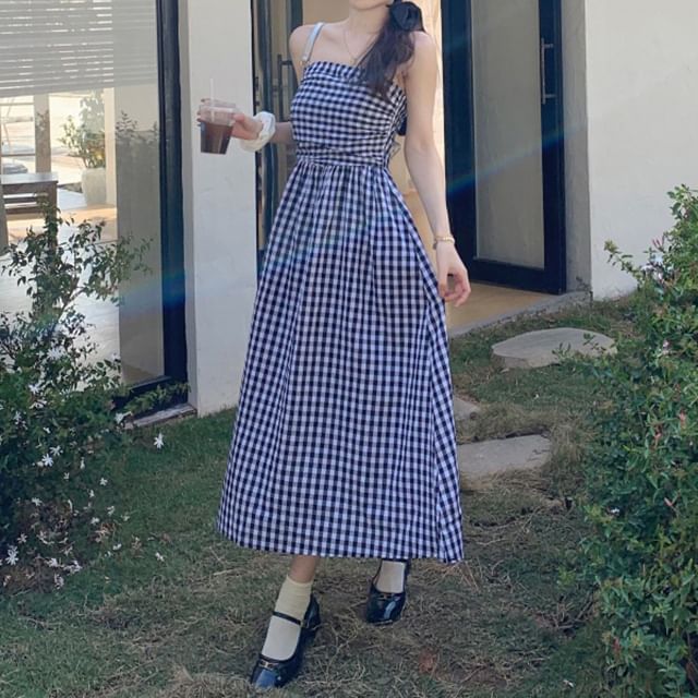 Maternity Open Front Cardigan / Thin Strap Plaid Midi A-Line Dress