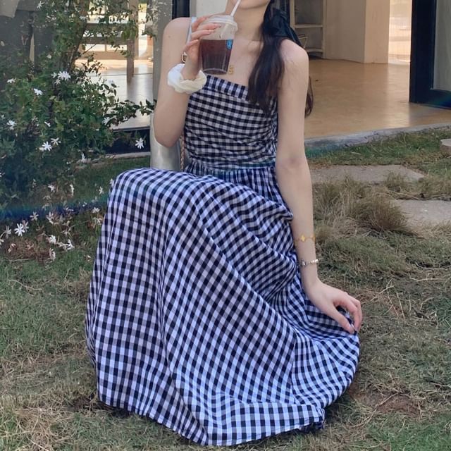 Maternity Open Front Cardigan / Thin Strap Plaid Midi A-Line Dress