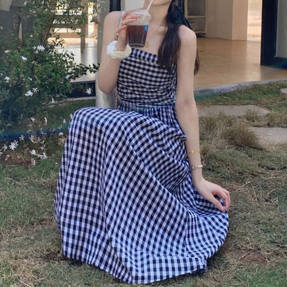 Maternity Open Front Cardigan / Thin Strap Plaid Midi A-Line Dress