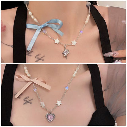 Pendant Ribbon Necklace Rhinestone