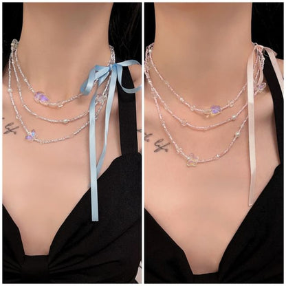 Butterfly Bead Ribbon Layered Necklace