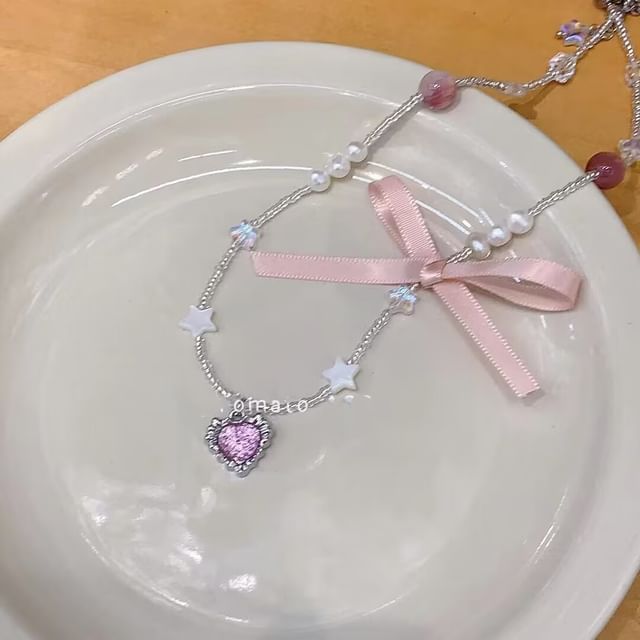 Pendant Ribbon Necklace Rhinestone