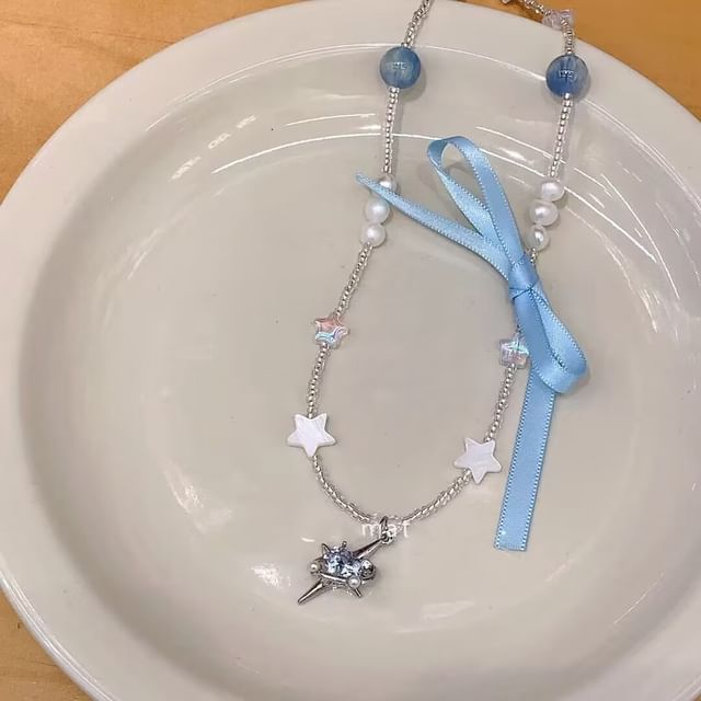 Pendant Ribbon Necklace Rhinestone