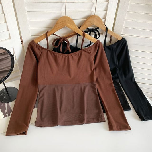 Long-Sleeve Halter Off-Shoulder Mesh Panel T-Shirt