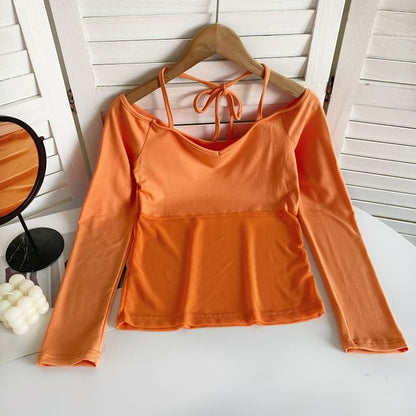 T-shirt à manches longues avec empiècement en maille et épaules dénudées