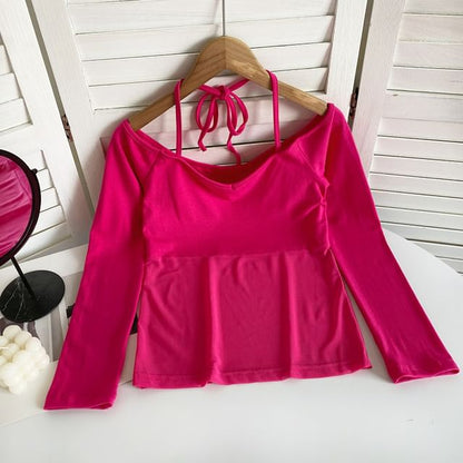 T-shirt à manches longues avec empiècement en maille et épaules dénudées