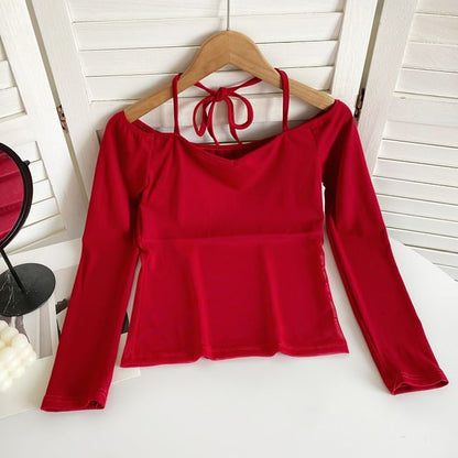 T-shirt à manches longues avec empiècement en maille et épaules dénudées