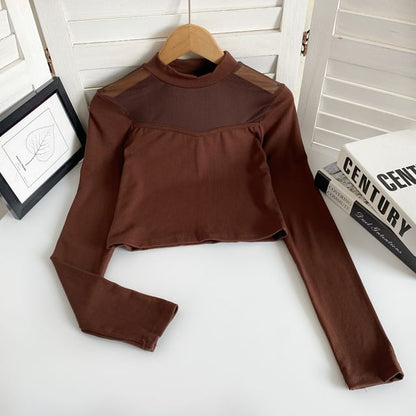 T-shirt court à manches longues et col ras du cou avec empiècement en maille unie