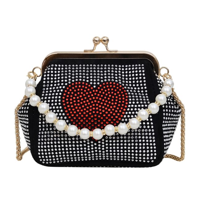 Heart Patterned Rhinestone Kiss Lock Faux Pearl Handle Evening Bag