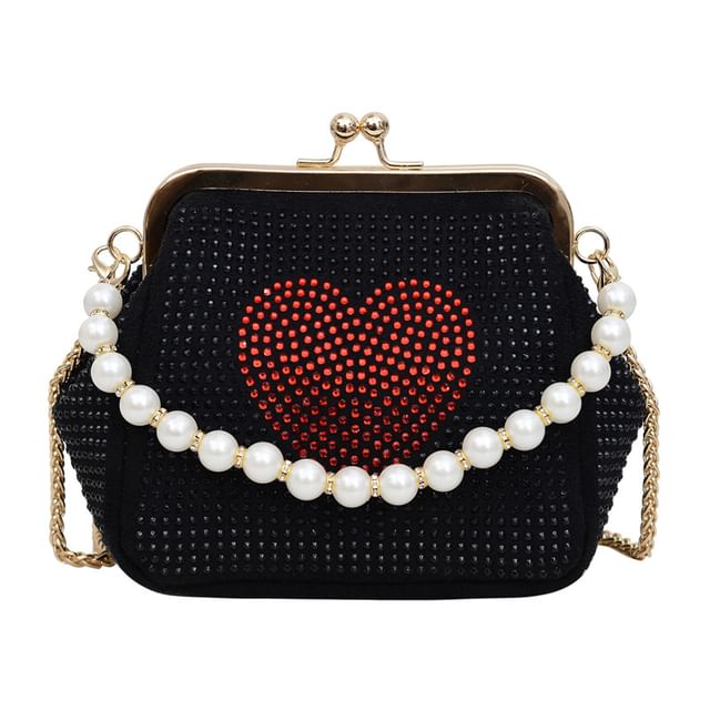 Heart Patterned Rhinestone Kiss Lock Faux Pearl Handle Evening Bag