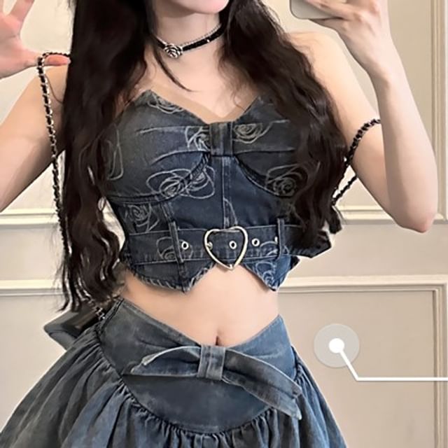 Print Belted Denim Crop Tube Top / High Waist Mini A