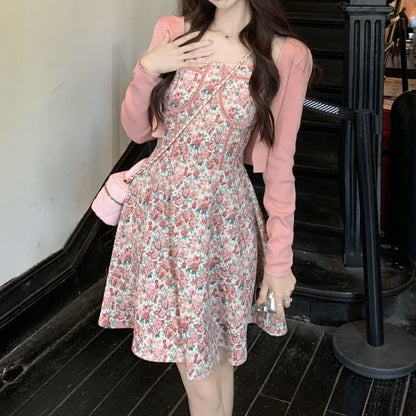 Spaghetti Strap Square Neck Floral Print Mini A-Line Dress / Plain Open Front Crop Cardigan