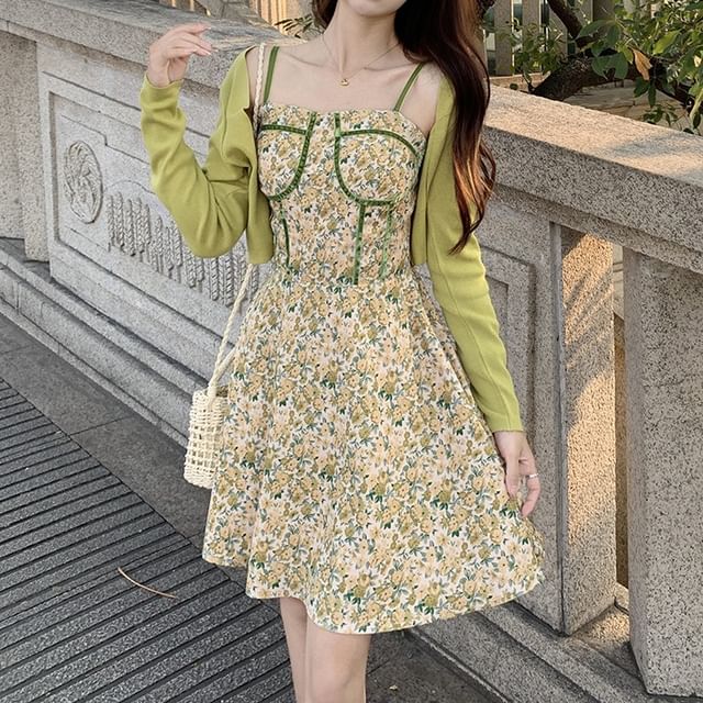 Spaghetti Strap Square Neck Floral Print Mini A-Line Dress / Plain Open Front Crop Cardigan