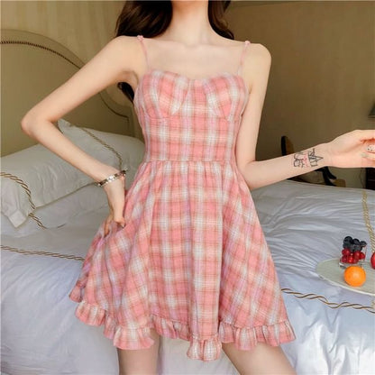 Spaghetti Strap Plaid Ruffle Mini A-Line Dress