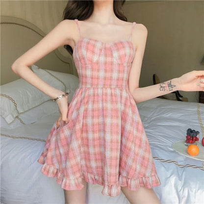 Spaghetti Strap Plaid Ruffle Mini A-Line Dress