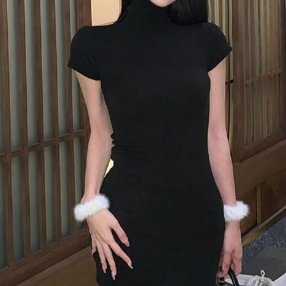Short-Sleeve Turtleneck Plain Mini Sheath Dress