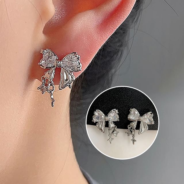 Alloy Rhinestone Earring Bow Drop