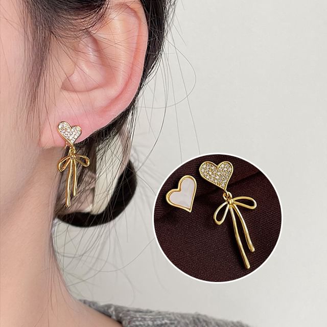 Heart Alloy Bow Shell Earring Asymmetrical Drop Rhinestone