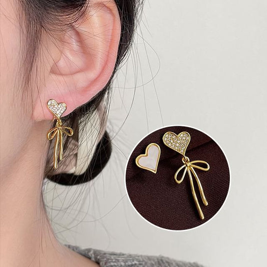 Heart Alloy Bow Shell Earring Asymmetrical Drop Rhinestone