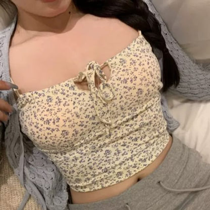 Floral Print Drawstring Crop Camisole Top / Plain Pointelle Knit Cardigan