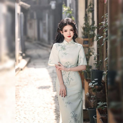 Short-Sleeve Patterned Print Midi Sheath Qipao