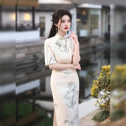 Short-Sleeve Patterned Print Midi Sheath Qipao