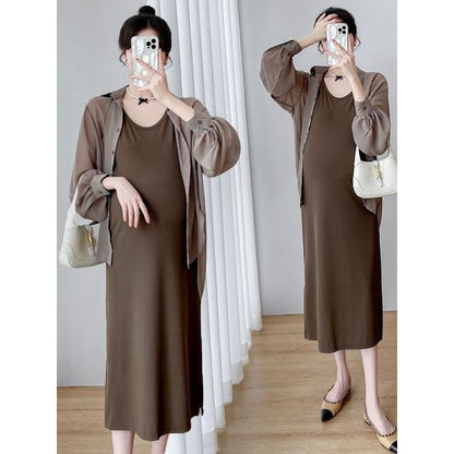 Maternity Set: Thin Strap Midi A-Line Dress + Button-Up Blouse