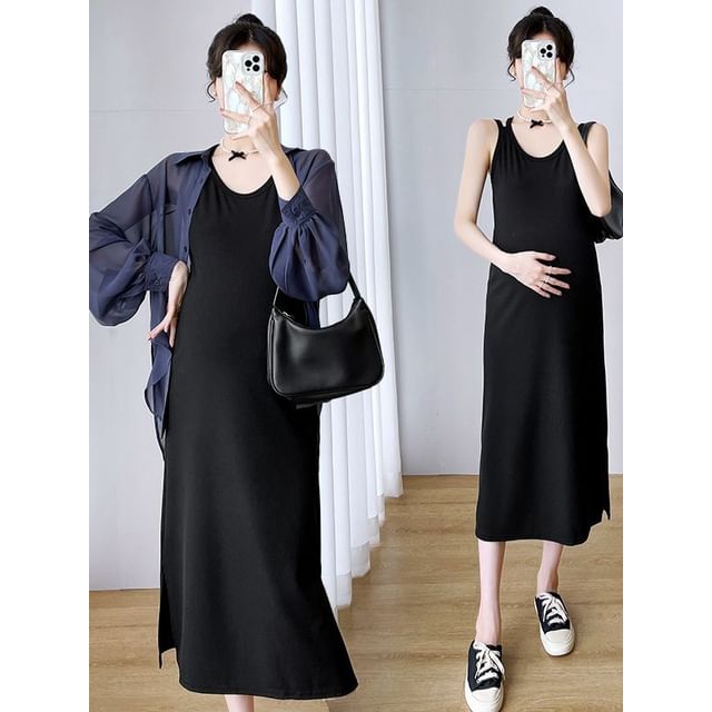 Maternity Set: Thin Strap Midi A-Line Dress + Button-Up Blouse