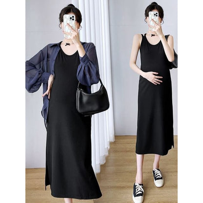 Maternity Set: Thin Strap Midi A-Line Dress + Button-Up Blouse
