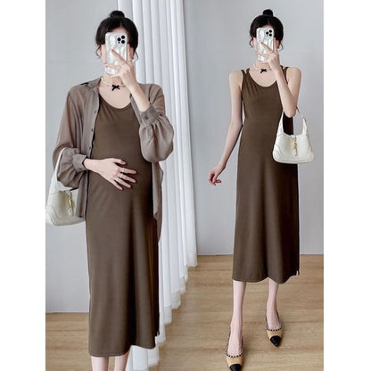 Maternity Set: Thin Strap Midi A-Line Dress + Button-Up Blouse