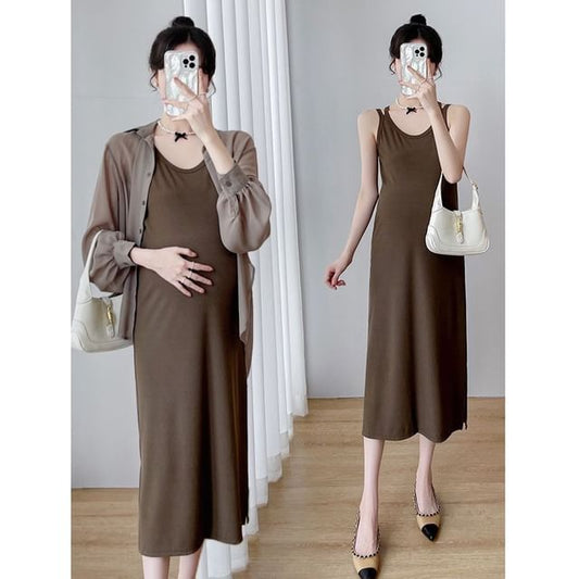 Maternity Set: Thin Strap Midi A-Line Dress + Button-Up Blouse