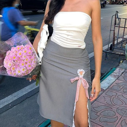 High Rise Plain Lace Trim Ribbon Midi Pencil Skirt