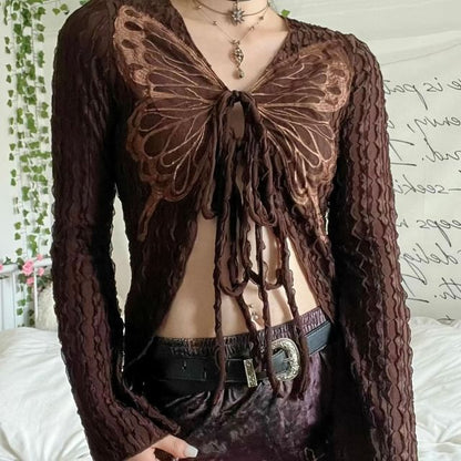 Long-Sleeve V-Neck Butterfly Print Ribbon Front Crop Top