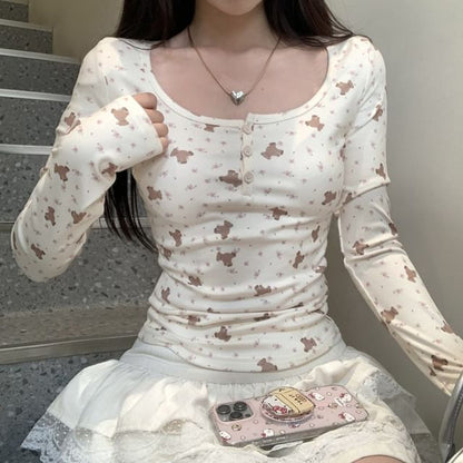 Long-Sleeve Henley Bear Print T-Shirt