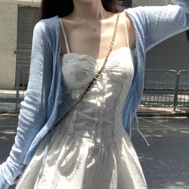 Spaghetti Strap Floral Print Ruffle Mini A-Line Dress / Plain Pointelle Cardigan