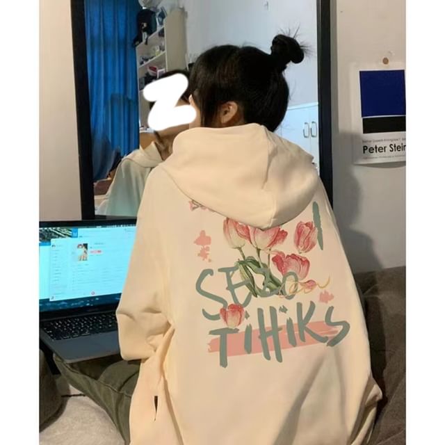 Floral Lettering Print Fleece-Lined Hoodie