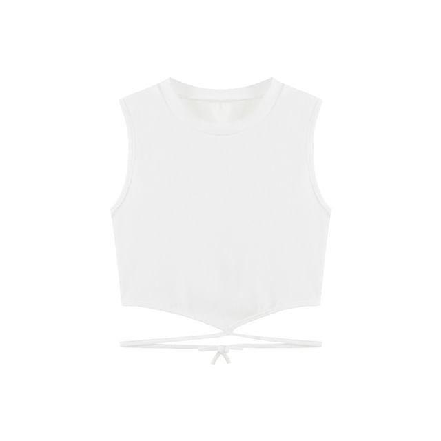 Crew Neck Plain Criss Cross Tie Back Crop Tank Top